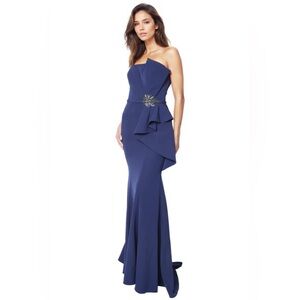 Rene Ruiz $1695 Designer Strapless Navy Crepe Column Gown Formal Dress Size 4